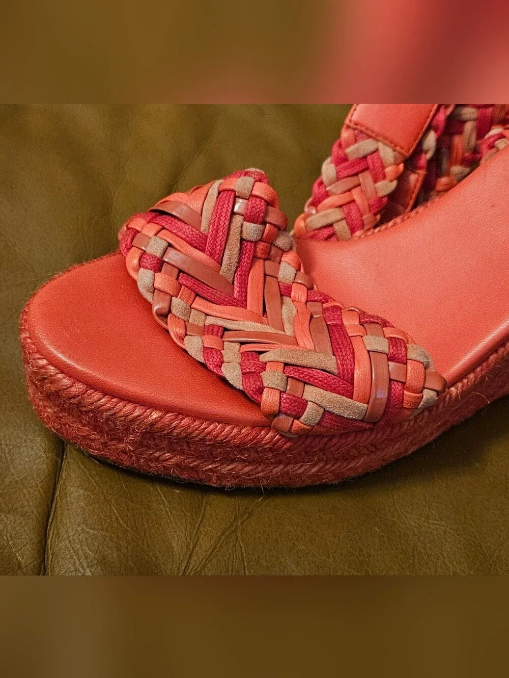 Hermes Coral Braided Espadrille Wedge Sandals Heels Size 5 US